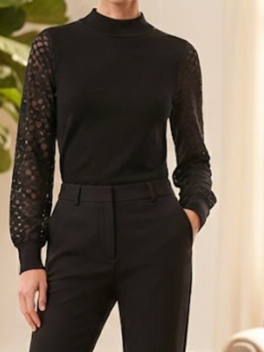 Catherine Malandrino Black Mock Neck Sweater with Sheer Lace Sleeves, S